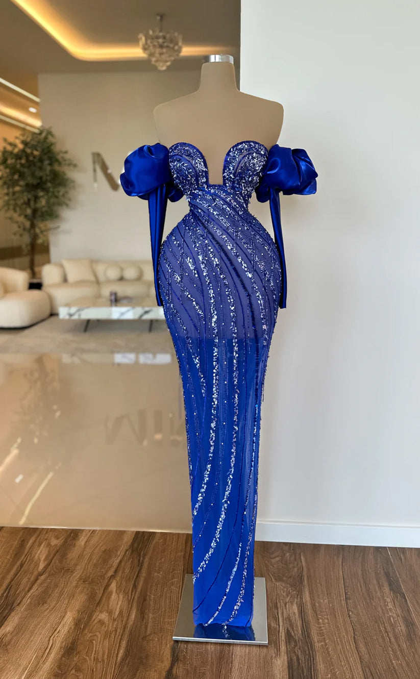 RP561-Luxury Royal Blue Mermaid Sweetheart Beads Sequins Puffy Long Sleeves Floor Length Prom Evening Dresses Formal Party Gowns