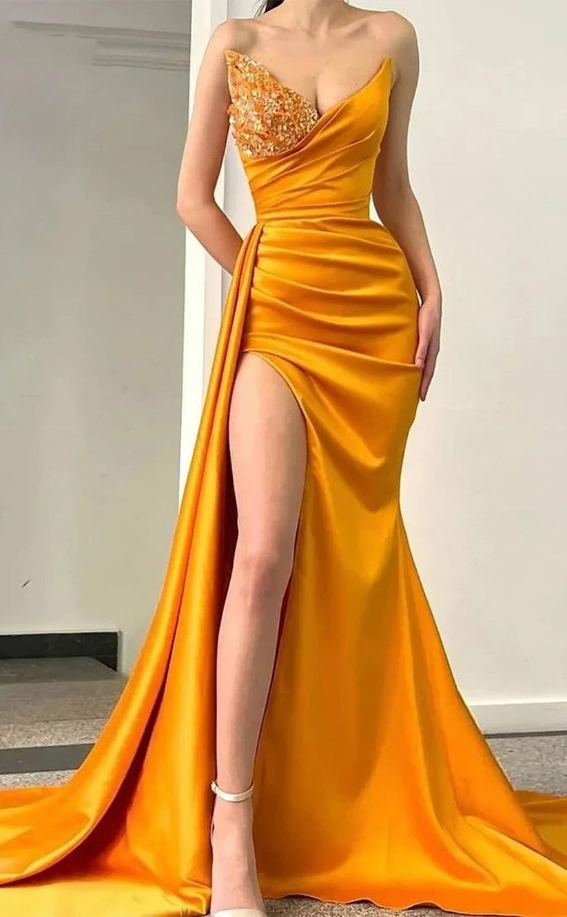 RP039-Orange Mermiad V-Neck Sleeveless Beads Sequins Pleated Satin Long Formal Prom Evening Dresses Party Gowns With High Slit