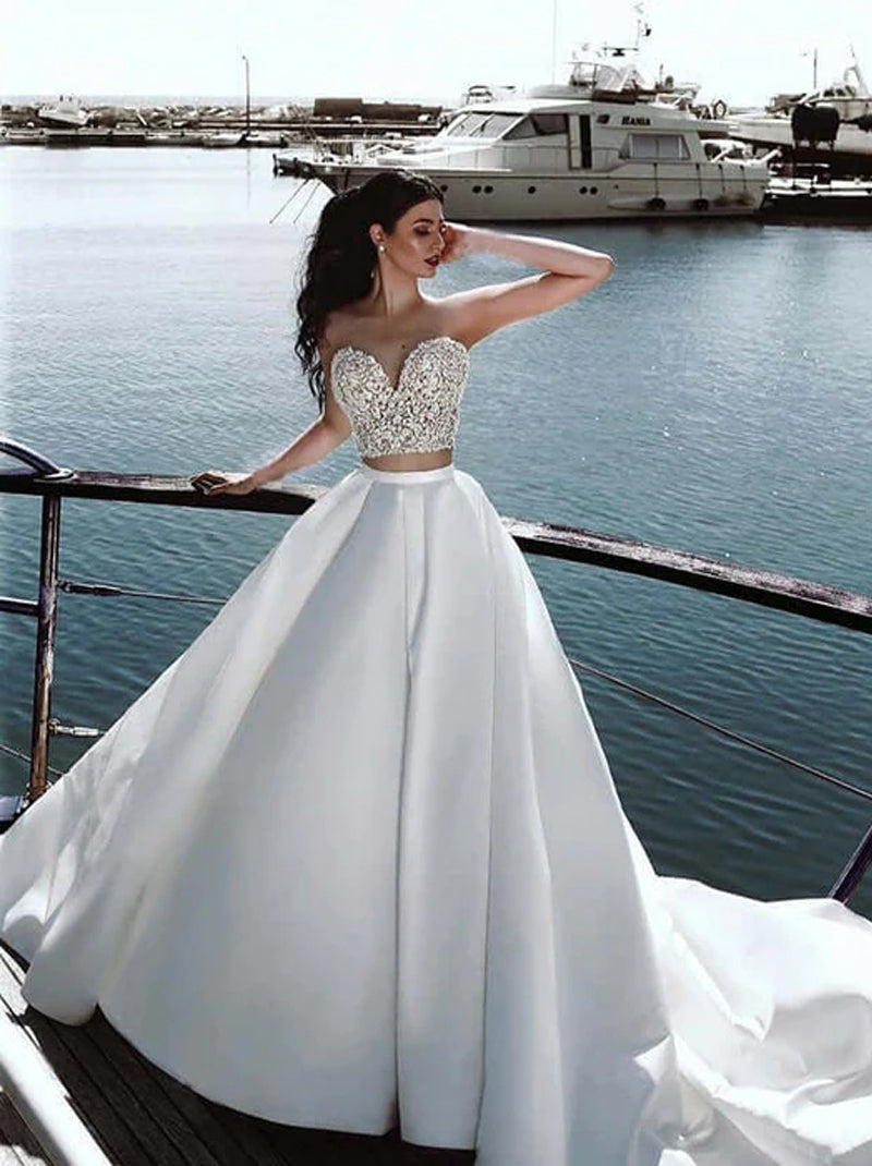 Two Pieces Ball Gown Wedding Dresses Sweetheart Sleeveless Lace Satin Court Train Bridal Gowns Custom Made