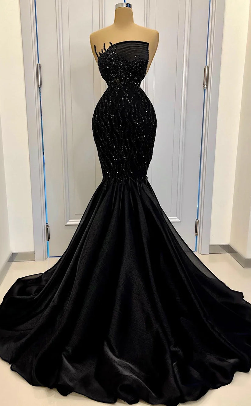 RP560-Gorgeous Black Trumpet Strapless Beads Ruched Appliqued Long Prom Evening Dresses Formal Party Gowns