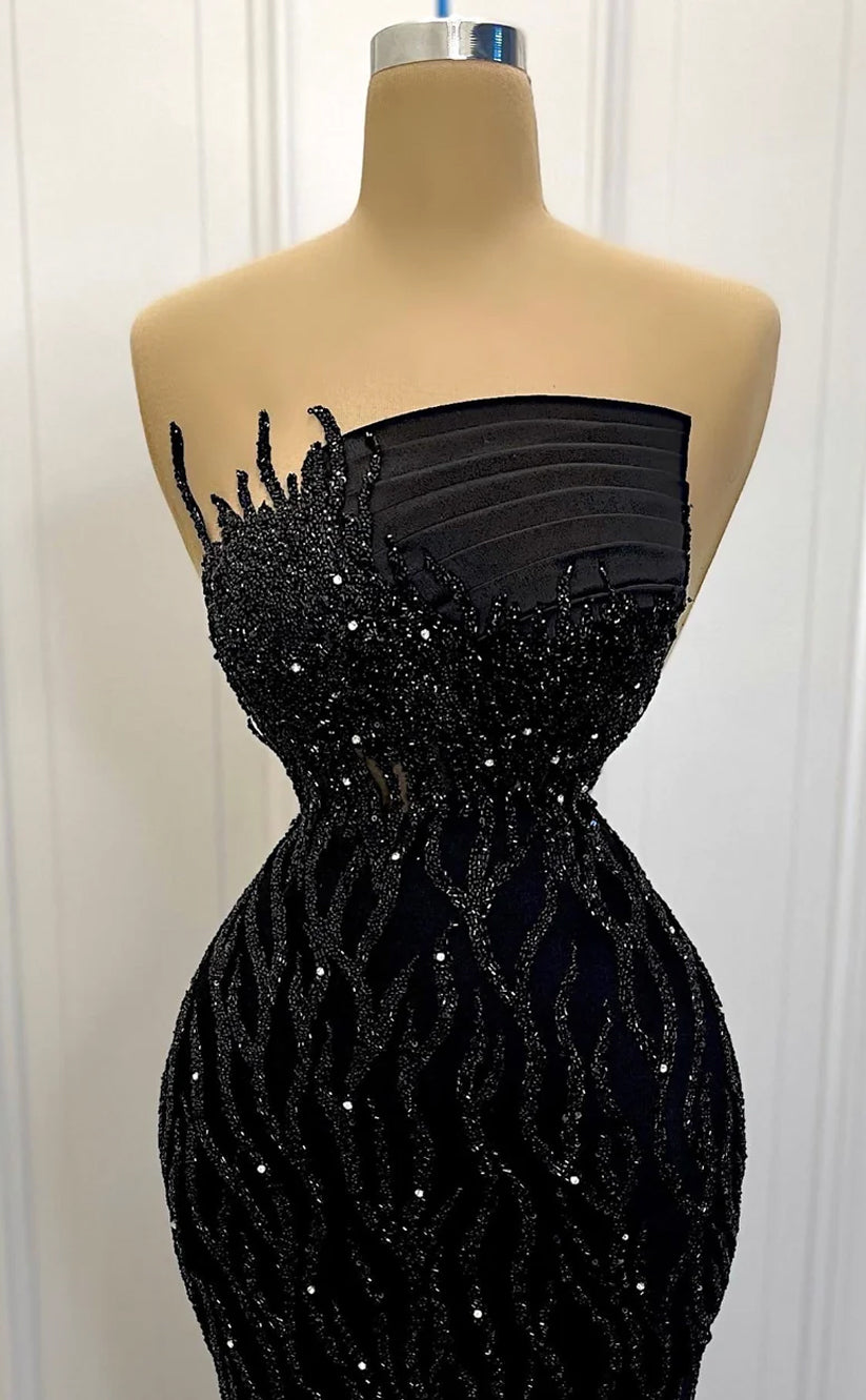 RP560-Gorgeous Black Trumpet Strapless Beads Ruched Appliqued Long Prom Evening Dresses Formal Party Gowns