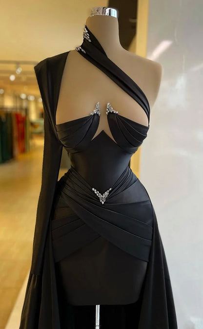 RP559-Gorgeous Black Mermaid One Shoulder Beads Ruched Sleeveless Long Prom Evening Dresses Formal Party Gowns With High Low Train