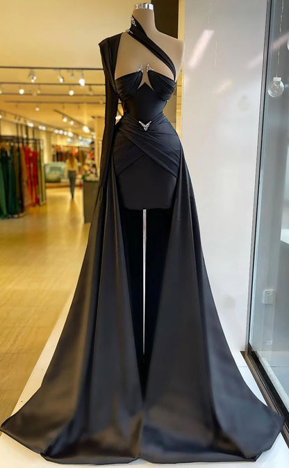 RP559-Gorgeous Black Mermaid One Shoulder Beads Ruched Sleeveless Long Prom Evening Dresses Formal Party Gowns With High Low Train