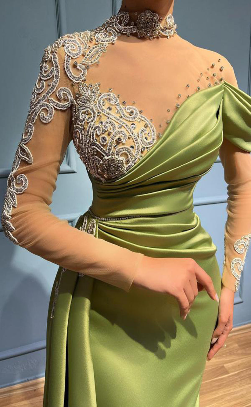 RP209-Modern Trumpet High Neck Beads Pleated Appliqued Prom Dresses Formal Evening Party Gowns