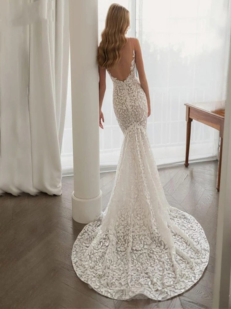 Sexy Mermaid Wedding Dresses V-Neck Sleeveless Backless Appliques Lace Sweep Train Bridals Gowns For Women