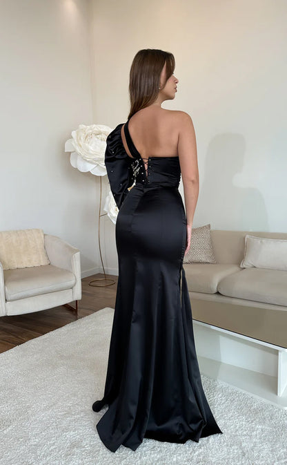 RP558-Gorgeous Black Mermaid One Shoulder Beads Ruched Long Sleeve Long Prom Evening Dresses Formal Party Gowns With Slit