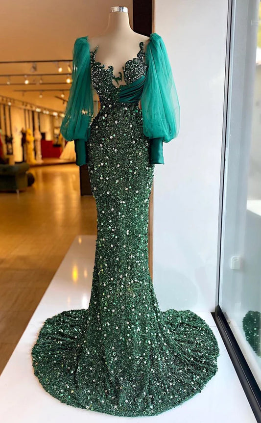 RP570-Luxury Green Mermaid Sweetheart Beads Crystals Sequins Long Sleeves Floor Length Prom Evening Dresses Formal Party Gowns