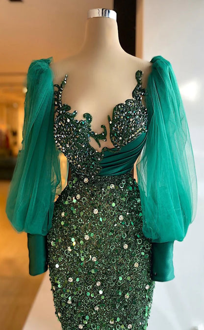 RP570-Luxury Green Mermaid Sweetheart Beads Crystals Sequins Long Sleeves Floor Length Prom Evening Dresses Formal Party Gowns