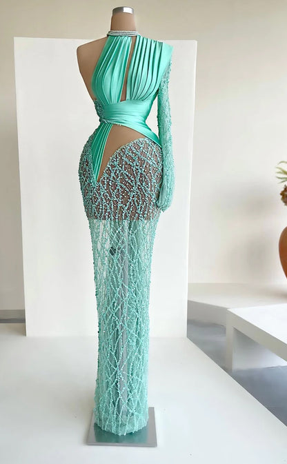 RP571-Gorgeous Mint Mermaid High Neck Beads Pearls Long Sleeves Floor Length Prom Evening Dresses Formal Party Gowns