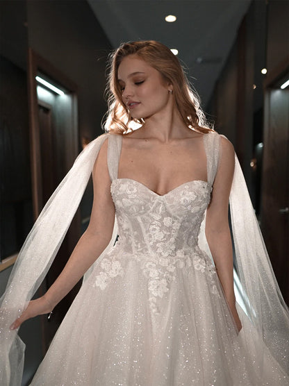 Charming Ball Gown Wedding Dresses Sweetheart Appliques Sequins Lace Up Sweep Train Tulle Bridal Gowns Custom Made