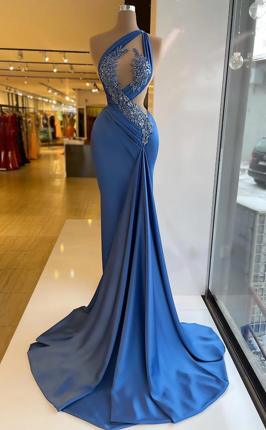 RP572-Luxury Blue Mermaid One Shoulder Beads Appliqued Ruched Sleeveless Long Prom Evening Dresses Formal Party Gowns