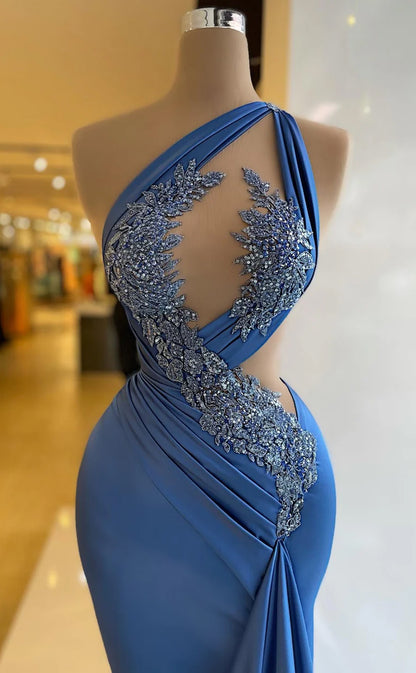 RP572-Luxury Blue Mermaid One Shoulder Beads Appliqued Ruched Sleeveless Long Prom Evening Dresses Formal Party Gowns