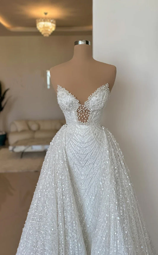 RP576-Luxury White Mermaid Sweetheart Beads Pearls Sleeveless Long Prom Evening Dresses Formal Party Gowns