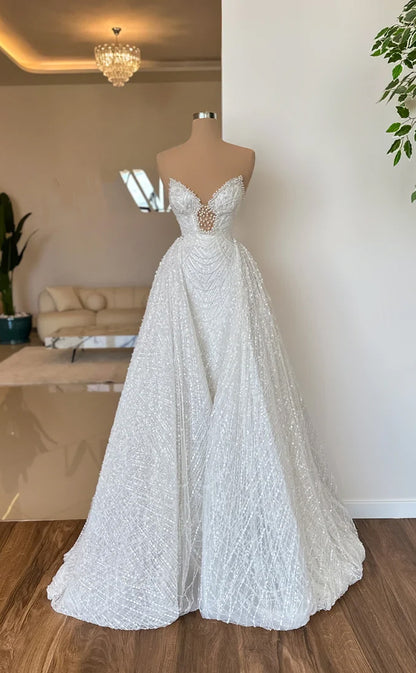 RP576-Luxury White Mermaid Sweetheart Beads Pearls Sleeveless Long Prom Evening Dresses Formal Party Gowns