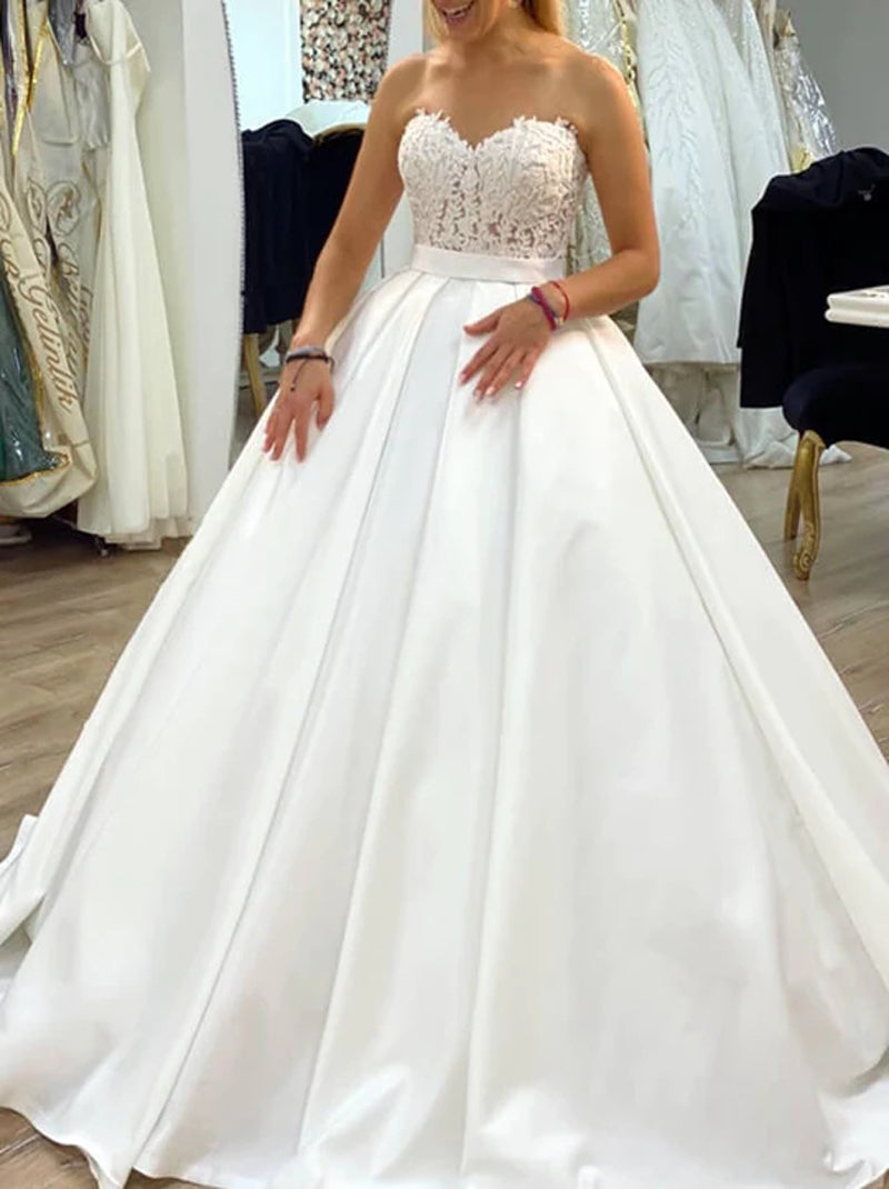 Elegant Ball Gown Wedding Dresses Sweetheart Sleeveless Appliques Sash Satin Sweep Train Bridal Gowns Custom Made