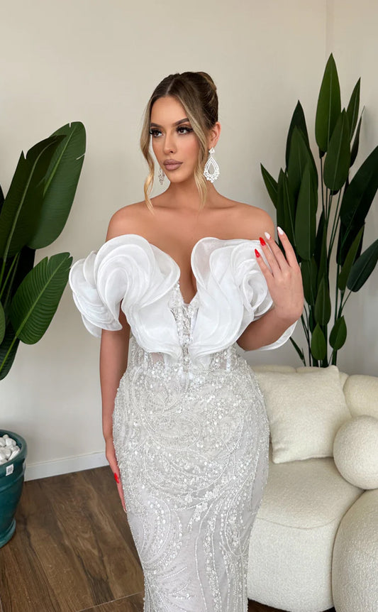 RP573-Luxury White Mermaid Sweetheart Beads Sequins Cap Sleeves Long Prom Evening Dresses Formal Party Gowns With Flowers
