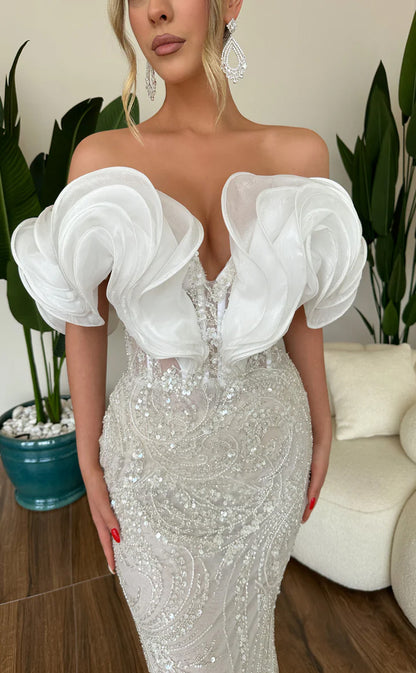 RP573-Luxury White Mermaid Sweetheart Beads Sequins Cap Sleeves Long Prom Evening Dresses Formal Party Gowns With Flowers