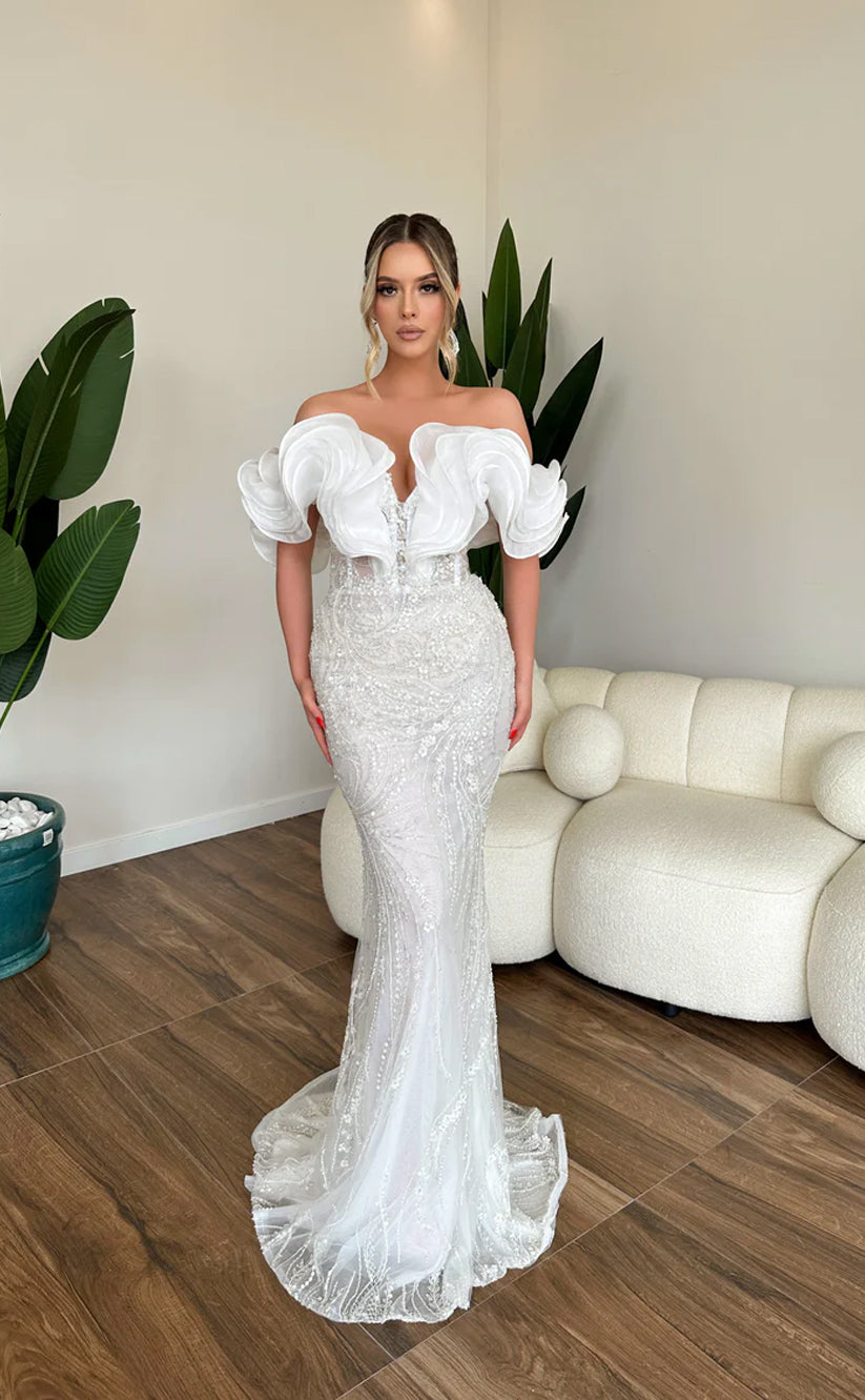 RP573-Luxury White Mermaid Sweetheart Beads Sequins Cap Sleeves Long Prom Evening Dresses Formal Party Gowns With Flowers