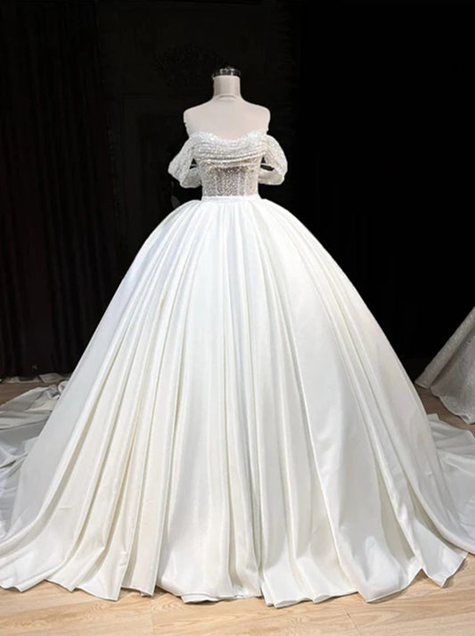 Modern Ball Gown Wedding Dresses Stweetheart Off The Shoulder Sequins Pleated Court Train Satin Bridal Gowns Custom Made