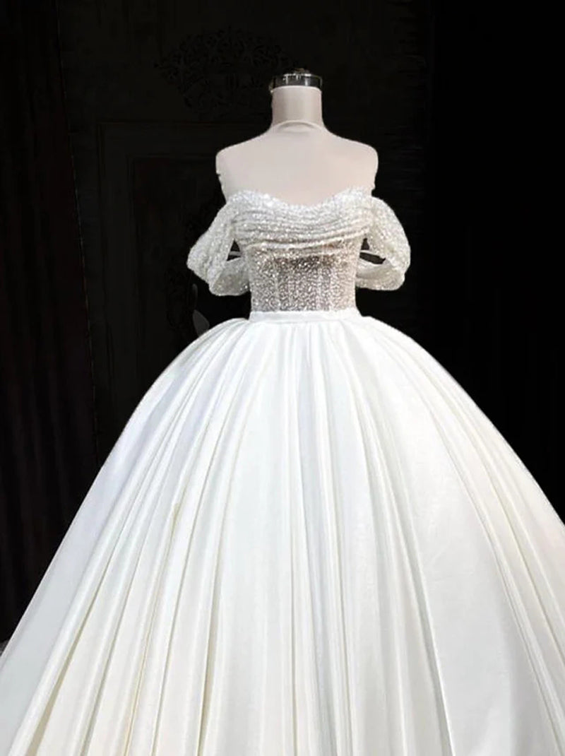 Modern Ball Gown Wedding Dresses Stweetheart Off The Shoulder Sequins Pleated Court Train Satin Bridal Gowns Custom Made
