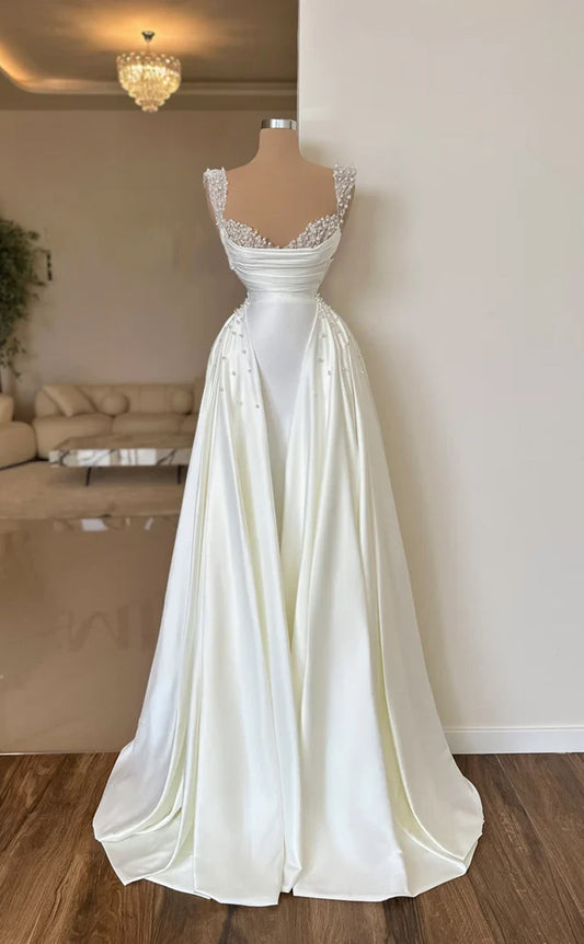 RP575-Luxury White Mermaid Spaghetti Beads Pearls Sleeveless Long Prom Evening Dresses Formal Party Gowns