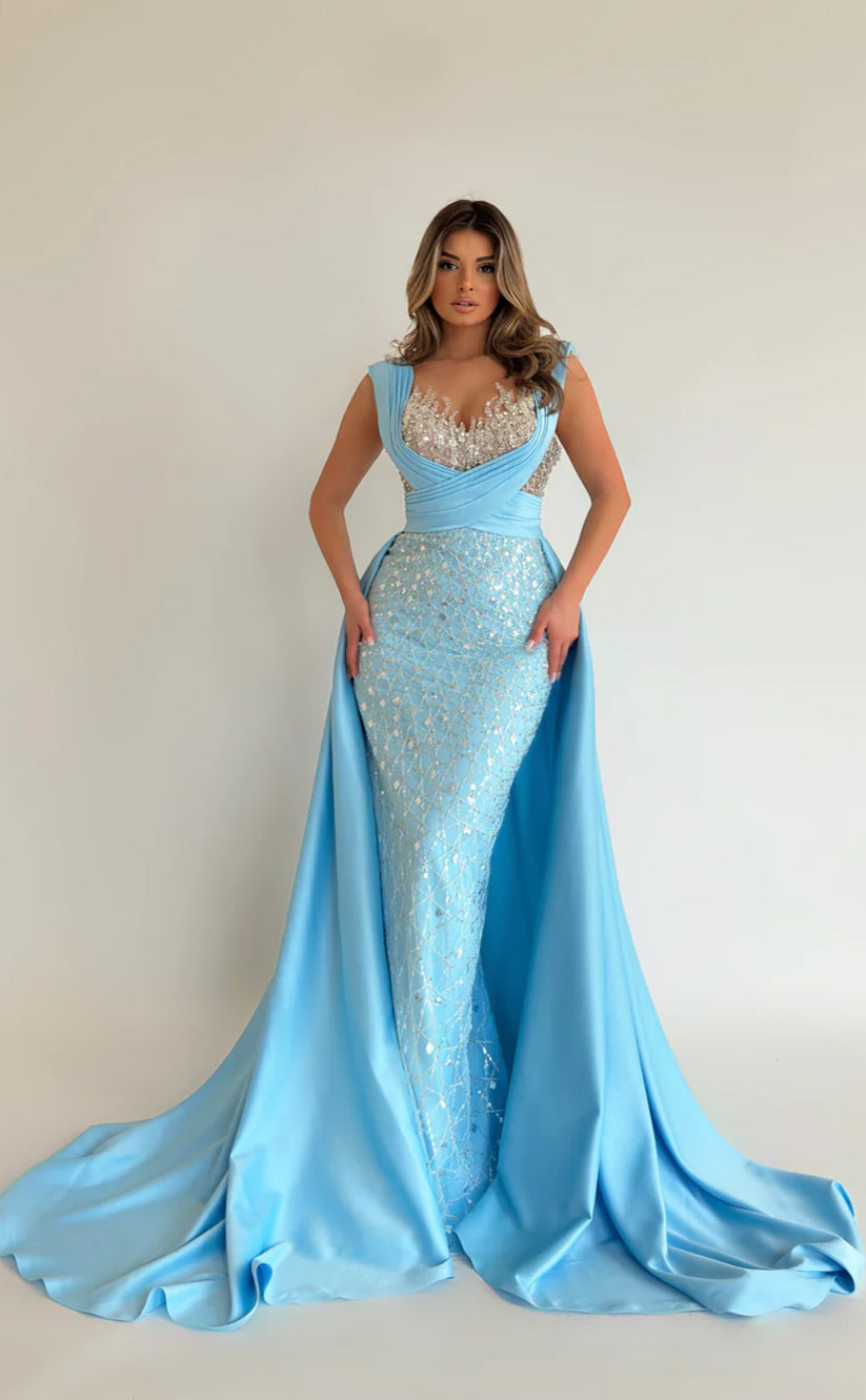 RP569-Luxury Sky Blue Mermaid Spaghetti Beads Sequins Ruched Sleeveless  Prom Evening Dresses Formal Party Gowns With Train