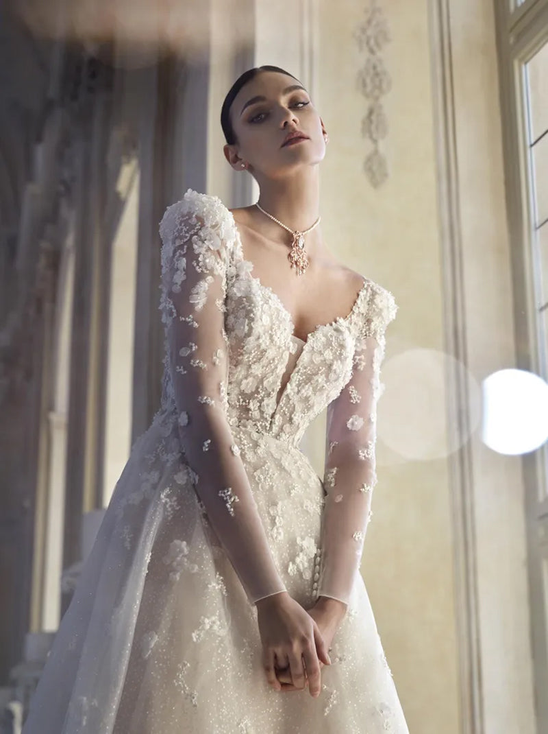 Elegant A-Line Boho Wedding Dresses Sweetheart Appliqued Tulle Sweep Train Bridal Gowns Custom