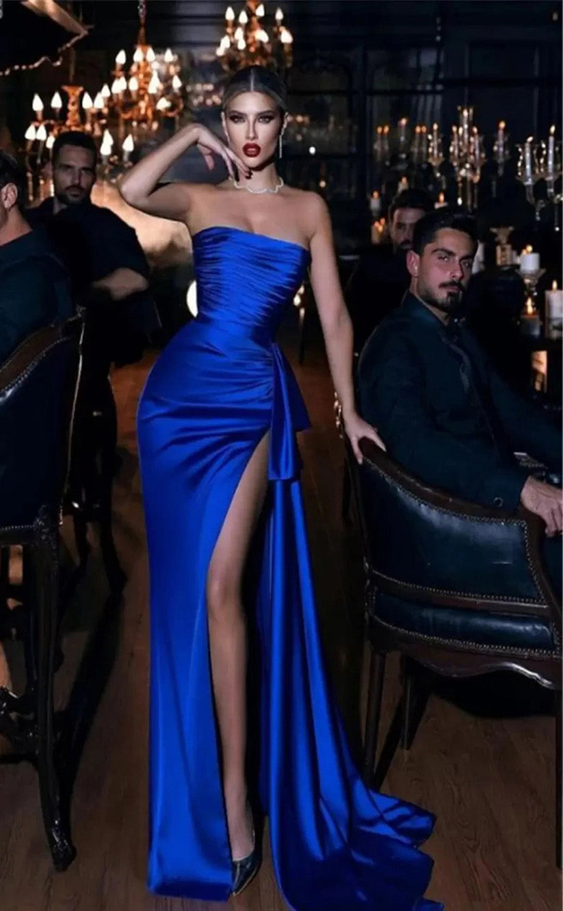 RP092-Sexy Royal Blue Mermaid Prom Dresses One Long Sleeve Sweetheart Velvet Black Girls High Side Split Floor Length Evening Formal Party Gowns