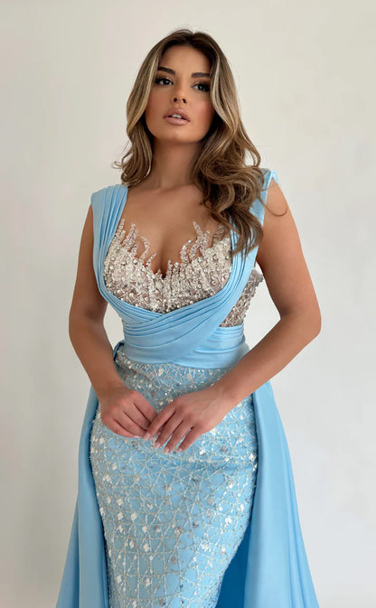 RP569-Luxury Sky Blue Mermaid Spaghetti Beads Sequins Ruched Sleeveless  Prom Evening Dresses Formal Party Gowns With Train