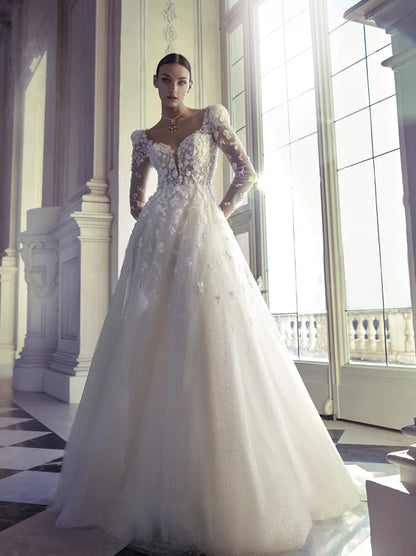 Elegant A-Line Boho Wedding Dresses Sweetheart Appliqued Tulle Sweep Train Bridal Gowns Custom