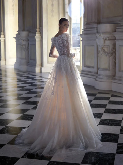 Elegant A-Line Boho Wedding Dresses Sweetheart Appliqued Tulle Sweep Train Bridal Gowns Custom