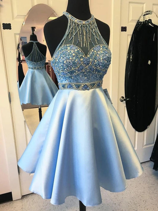 Cute New Mini Halter Sleeveless Beaded Crystals Satin Homecoming Graduation Dresses Cocktail Dresses with Pockets Zipper Back Knee Length Light Blue for Women Custom