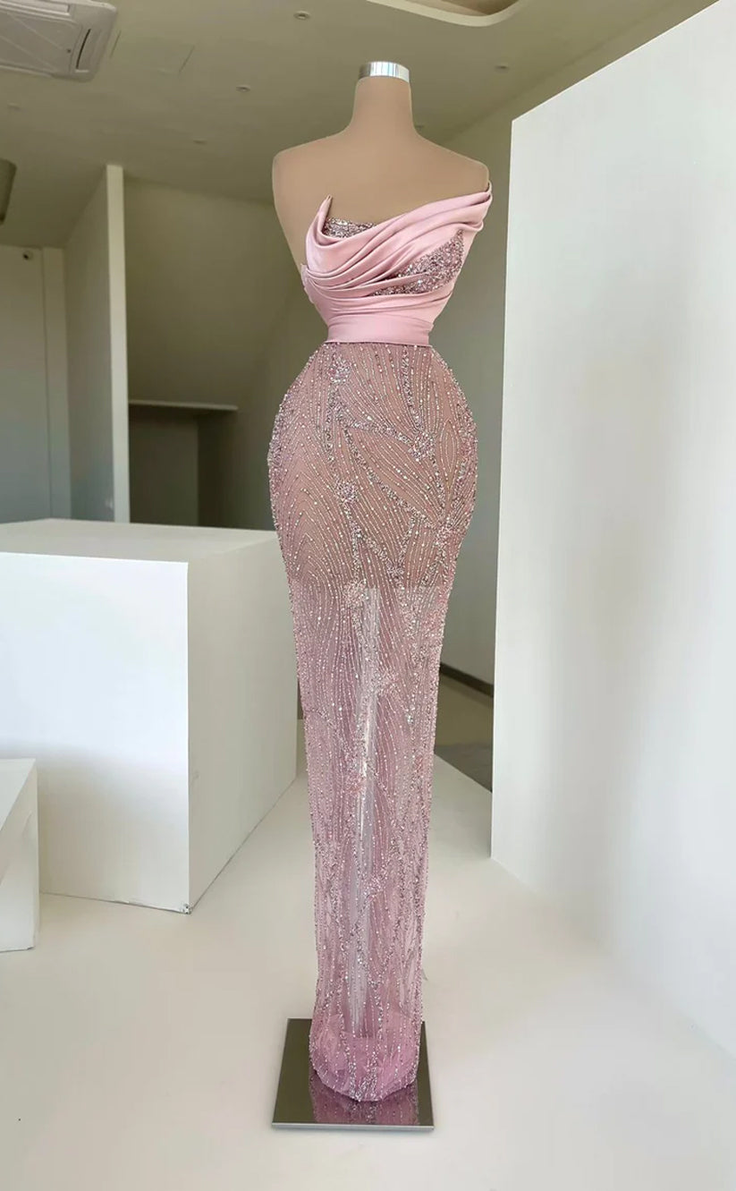 RP567-Luxury Pink Mermaid Strapless Beads Sequins Ruched Sleeveless Floor Length Prom Evening Dresses Formal Party Gowns