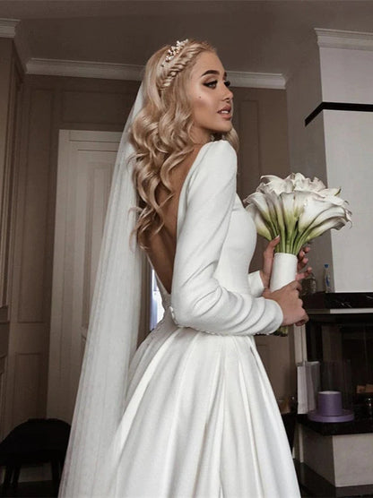 Elegant A-Line Wedding Dresses Scoop Pleated Long Sleeves Covered Buttons Satin Sweep Train Bridal Gowns Custom Made