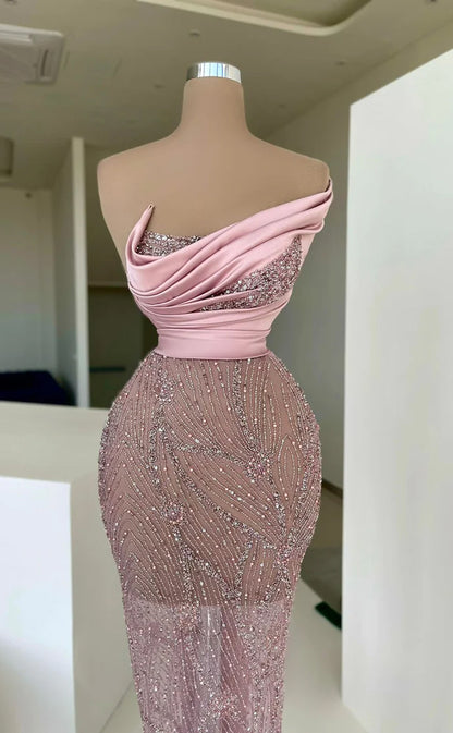 RP567-Luxury Pink Mermaid Strapless Beads Sequins Ruched Sleeveless Floor Length Prom Evening Dresses Formal Party Gowns