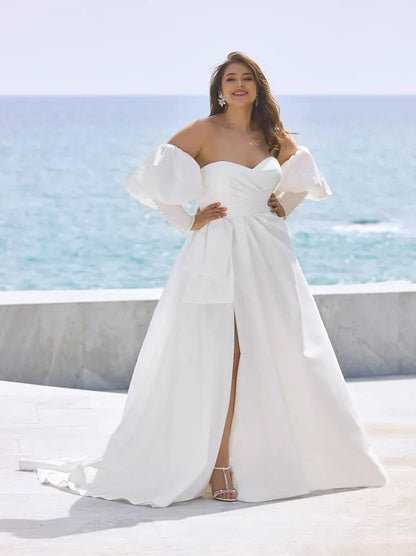 Simple & Elegant A-Line Beach Wedding Dresses Sweetheart Pleated Satin Sweep Train Bridal Gowns With Slit