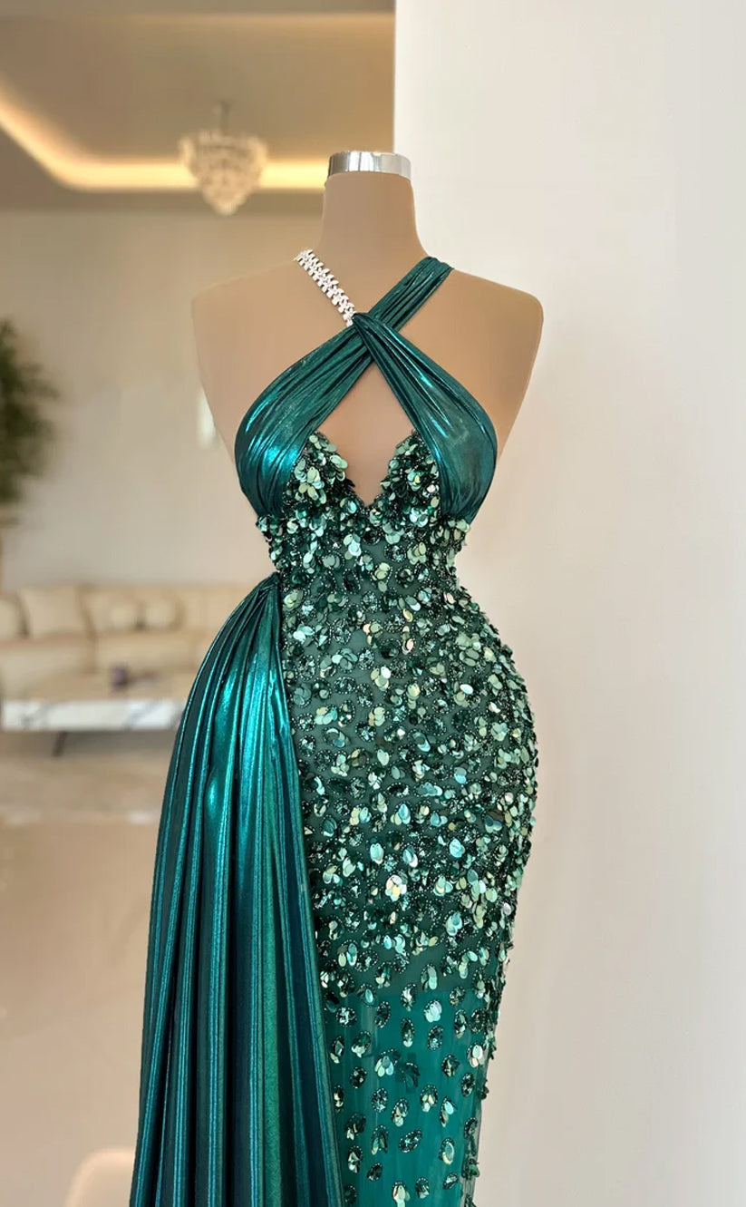 RP566-Luxury Green Mermaid Halter Beads Crystals Sleeveless Floor Length Prom Evening Dresses Formal Party Gowns