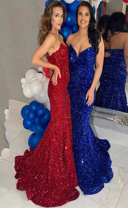 RP099-Sparking Sexy Mermaid V-Neck Beads Sequins Sequins Zipper Long Evening Dresses Special Party Prom Gowns