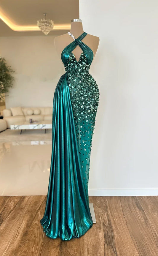 RP566-Luxury Green Mermaid Halter Beads Crystals Sleeveless Floor Length Prom Evening Dresses Formal Party Gowns