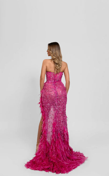 RP598-Sexy Fuchsia Mermaid Sweetheart Beads Sequins Feather Ruched Sleeveless Satin Long Prom Evening Dresses Formal Party Gowns With Slit