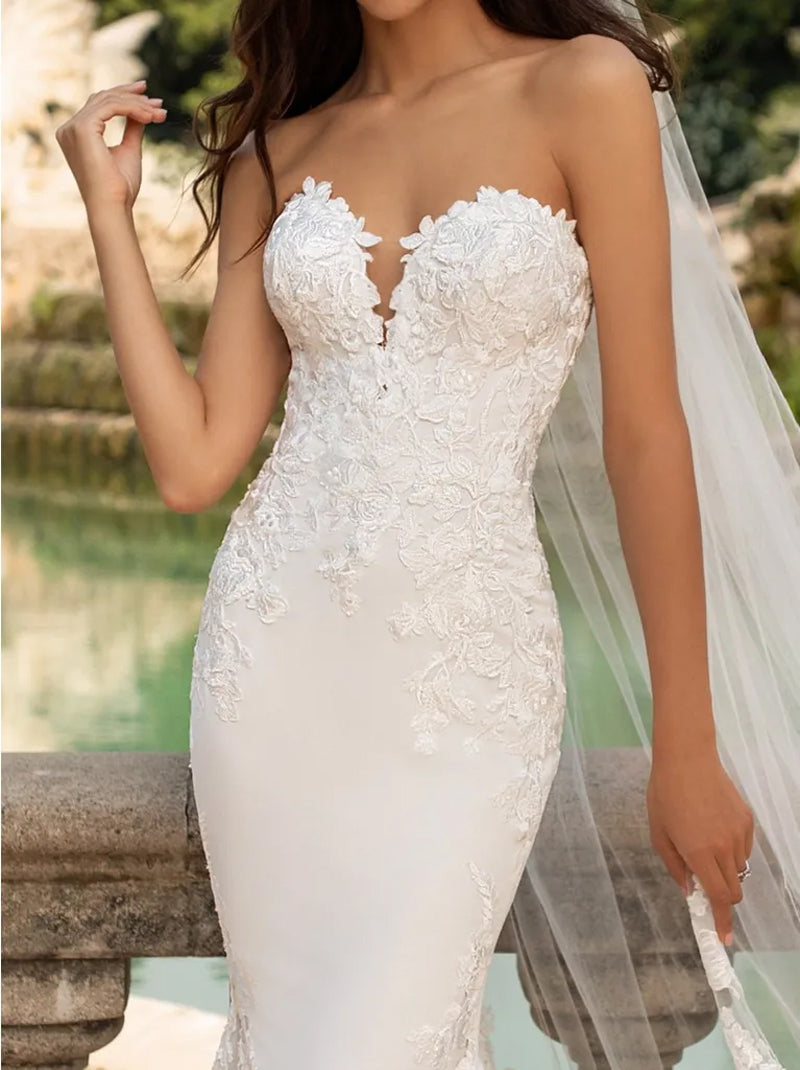 Gorgeous & Classic Mermaid Wedding Dresses Sweetheart Appliqued Satin Court Train Bridal Gowns Custom