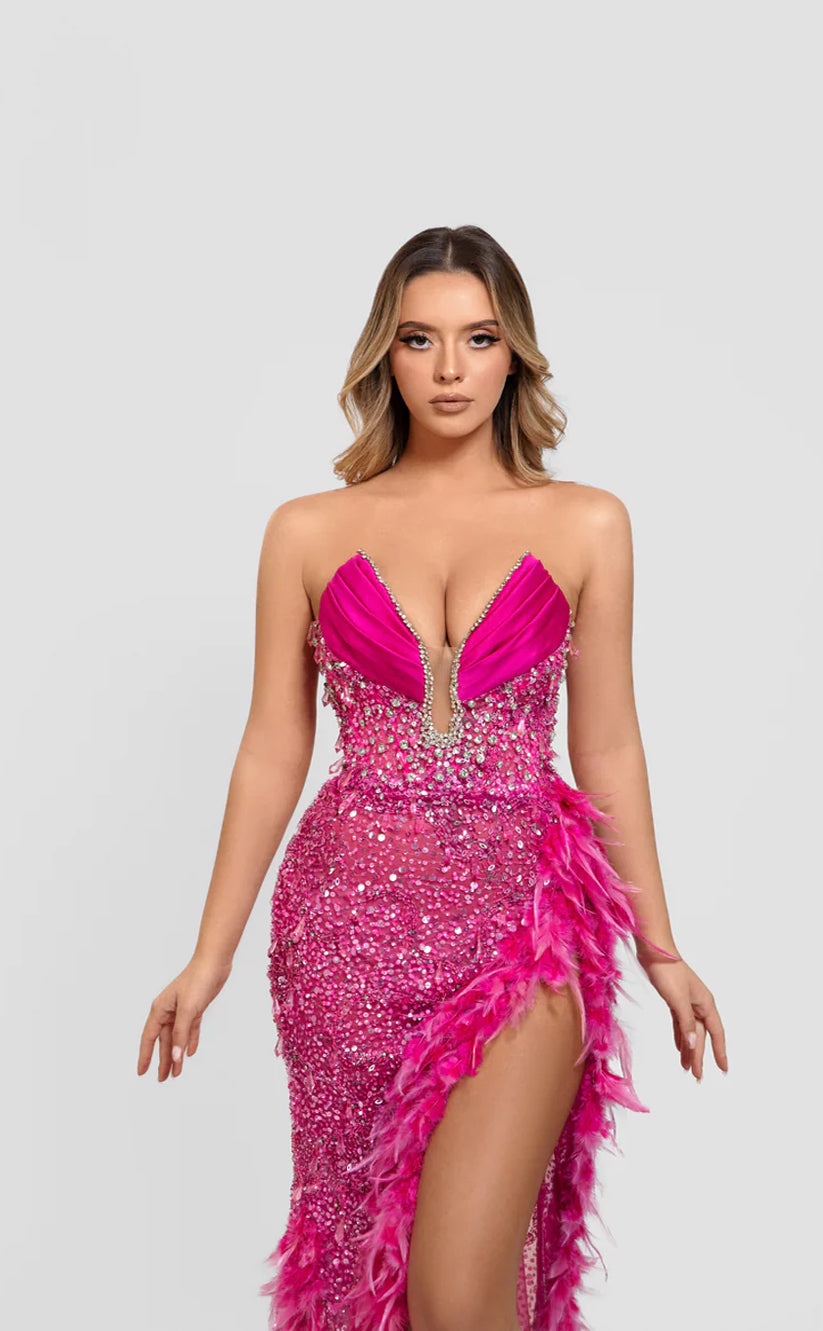 RP598-Sexy Fuchsia Mermaid Sweetheart Beads Sequins Feather Ruched Sleeveless Satin Long Prom Evening Dresses Formal Party Gowns With Slit