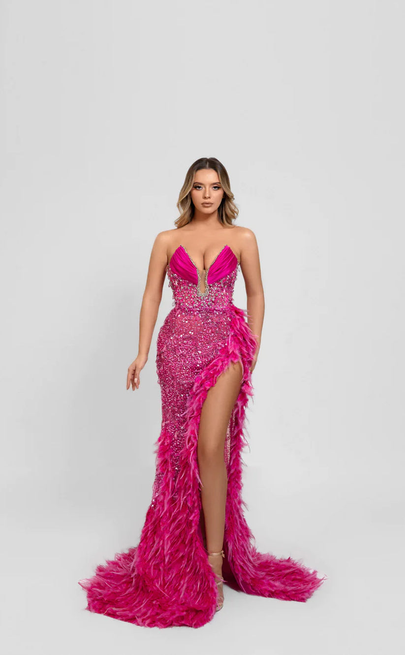 RP598-Sexy Fuchsia Mermaid Sweetheart Beads Sequins Feather Ruched Sleeveless Satin Long Prom Evening Dresses Formal Party Gowns With Slit