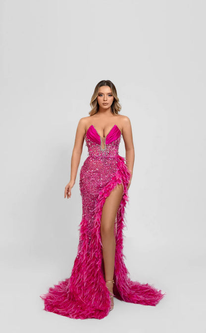 RP598-Sexy Fuchsia Mermaid Sweetheart Beads Sequins Feather Ruched Sleeveless Satin Long Prom Evening Dresses Formal Party Gowns With Slit