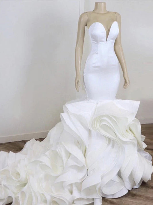 Sexy Mermaid Wedding Dresses Jewel Ruffles Zipper Organza Sweep Train Bridal Gowns Custom Made