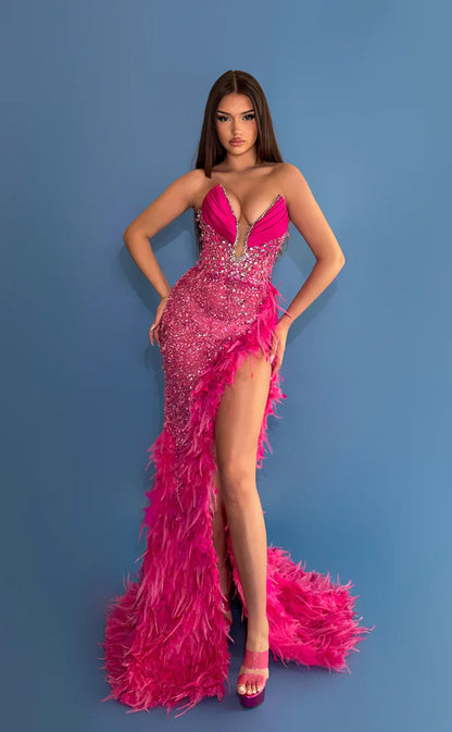 RP598-Sexy Fuchsia Mermaid Sweetheart Beads Sequins Feather Ruched Sleeveless Satin Long Prom Evening Dresses Formal Party Gowns With Slit