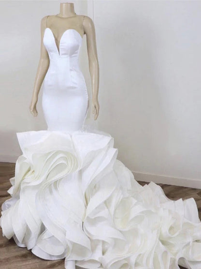 Sexy Mermaid Wedding Dresses Jewel Ruffles Zipper Organza Sweep Train Bridal Gowns Custom Made