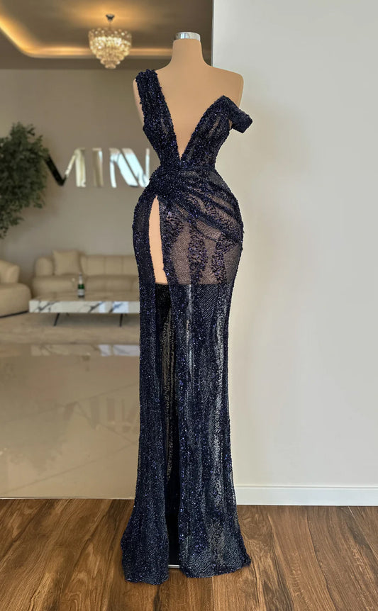 RP634-Elegant Black Mermaid One Shoulder Beads Sequins Cap Sleeves Floor Length Prom Evening Dresses Formal Party Gowns With Slit