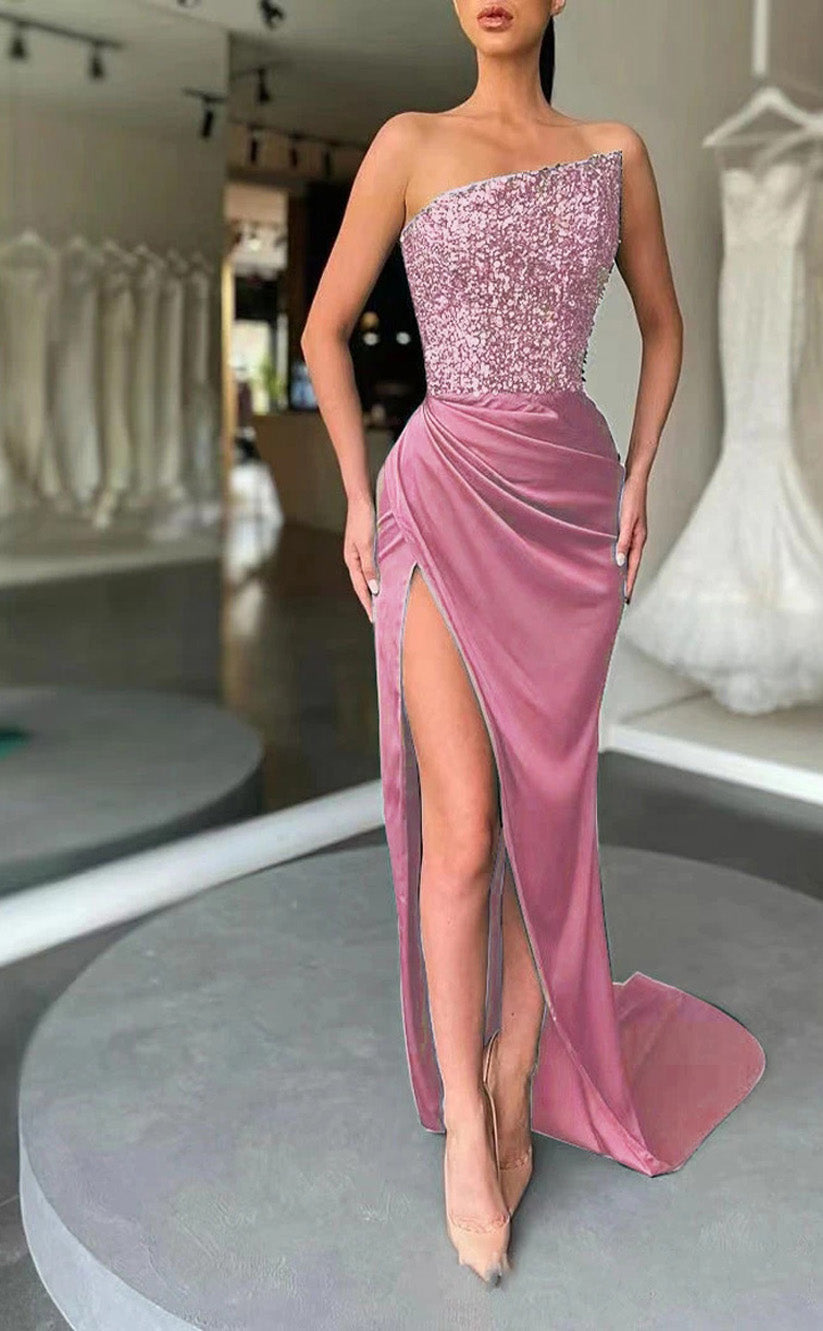 RP096-Sparking Mermaid Strapless Beads Sequins Sleeveless Backless Pleated Long Satin Evening Dresses With Side Slit Special Party Prom Gowns