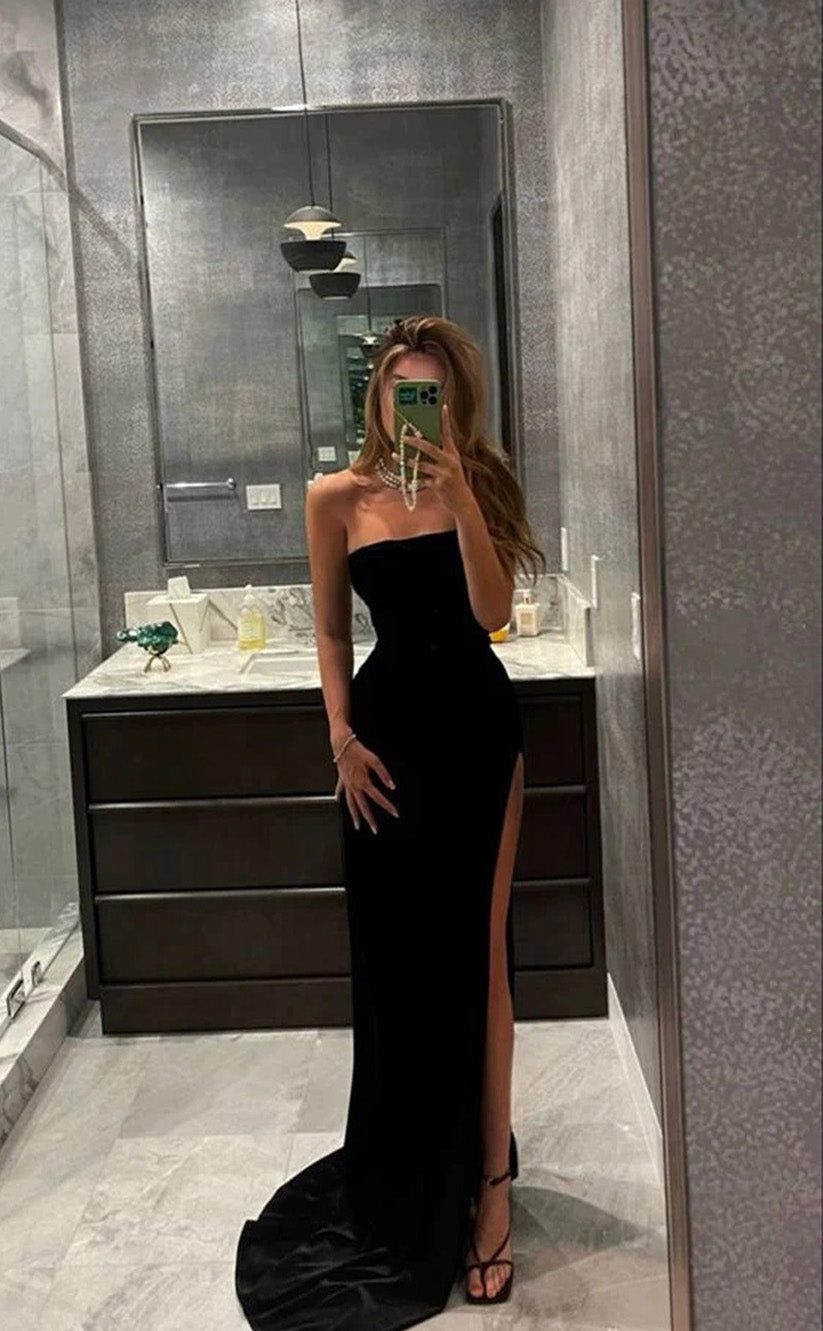 RP088-Simple Elegant Black Mermaid Strapless Sleeveless Satin Long Evening Dresses Special Party Prom Gowns with Side Slit